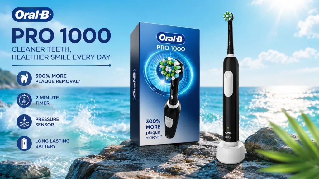 Oral-B PRO 1000 electric toothbrush with packaging displayed near ocean background for effective oral care and plaque removal.