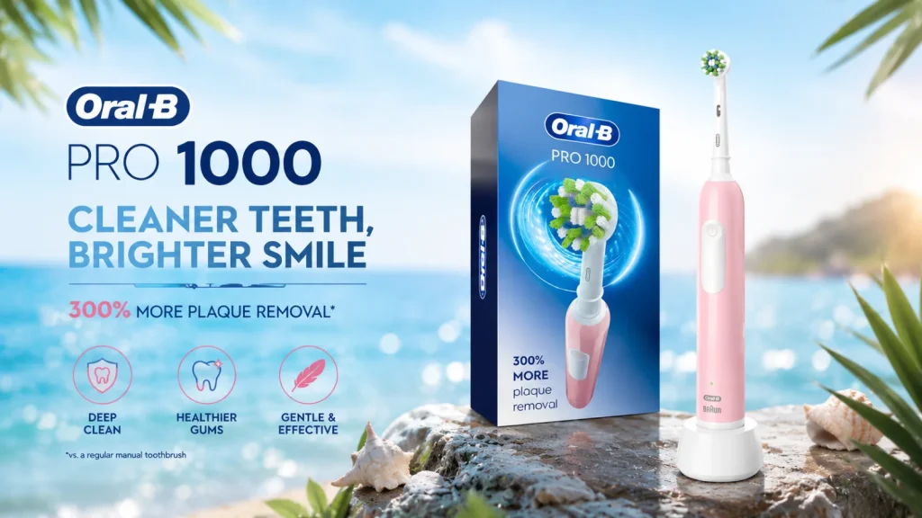 Oral-B PRO 1000 electric toothbrush with product box displayed in an ocean style background