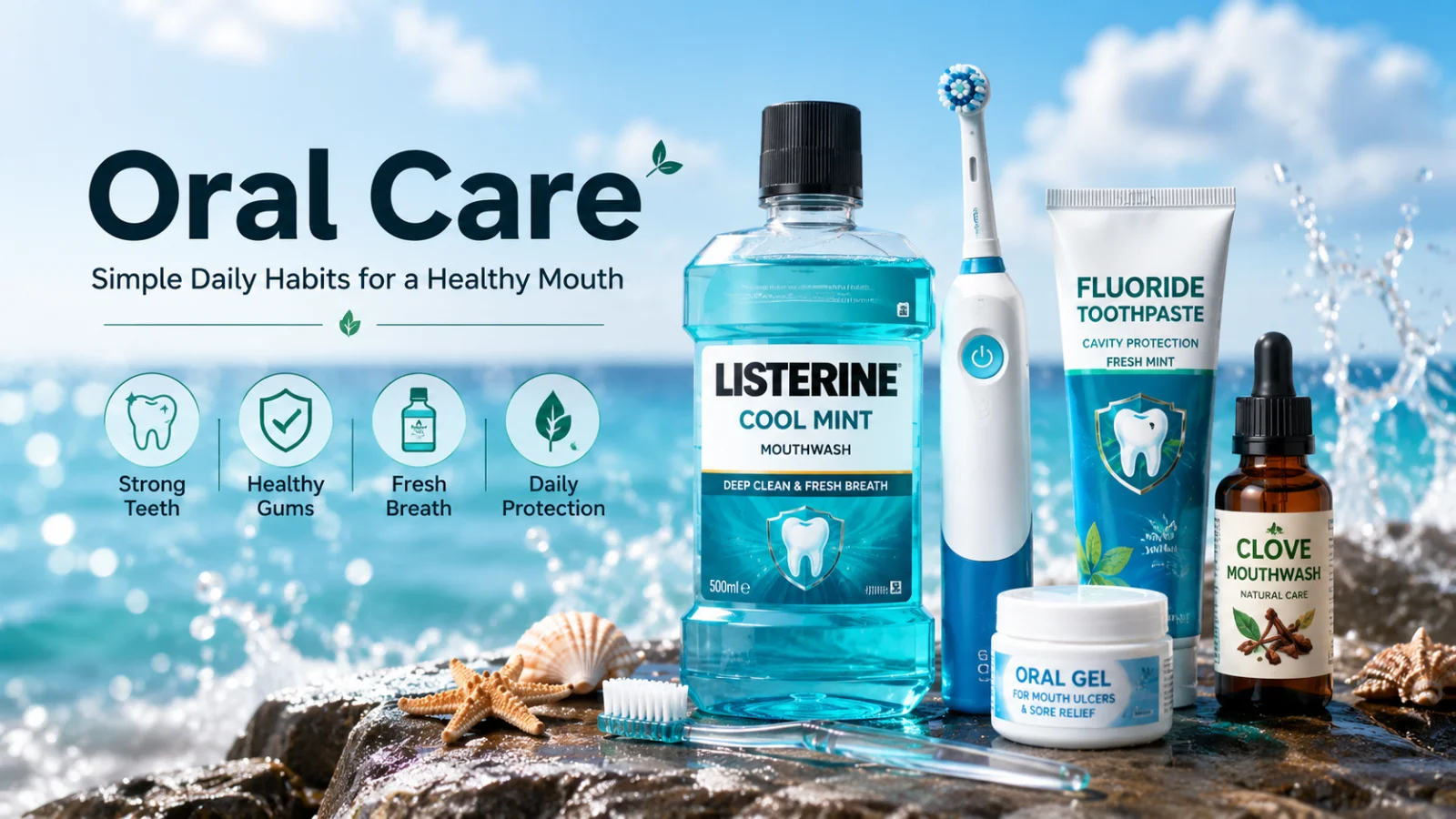 Oral care daily habits for healthy teeth, gums, and fresh mouth with toothbrush and dental products
