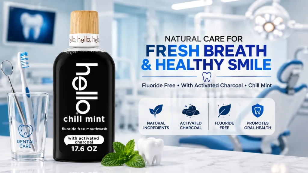 Mouthwash bottle for oral care routine and healthy teeth with dental clinic background