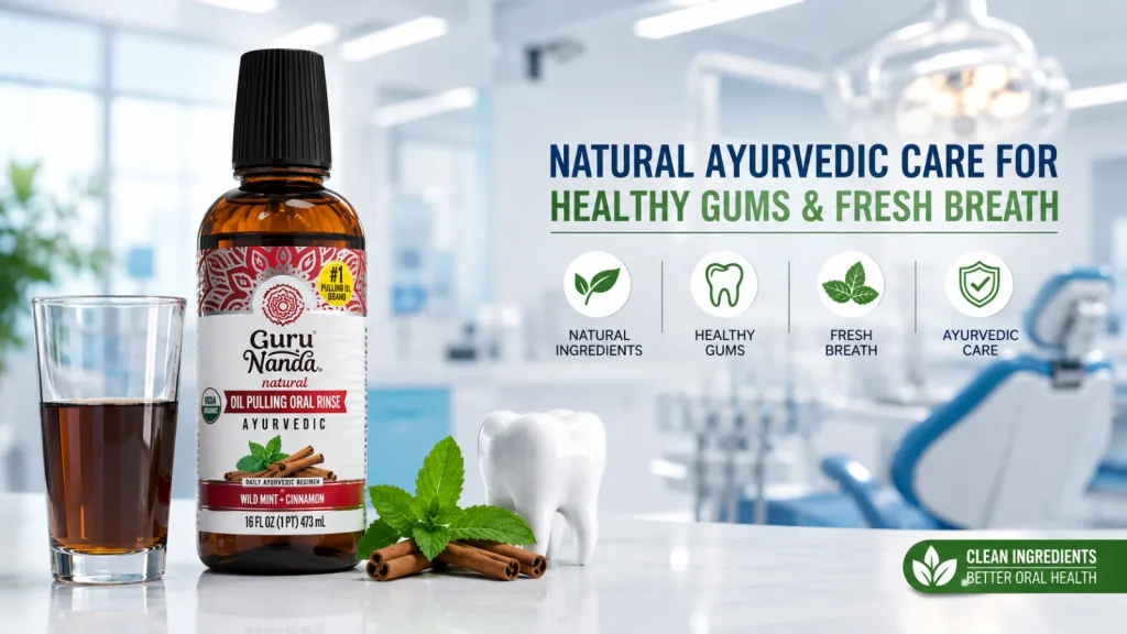 Mouthwash bottle in dental clinic setting for oral care and healthy gums