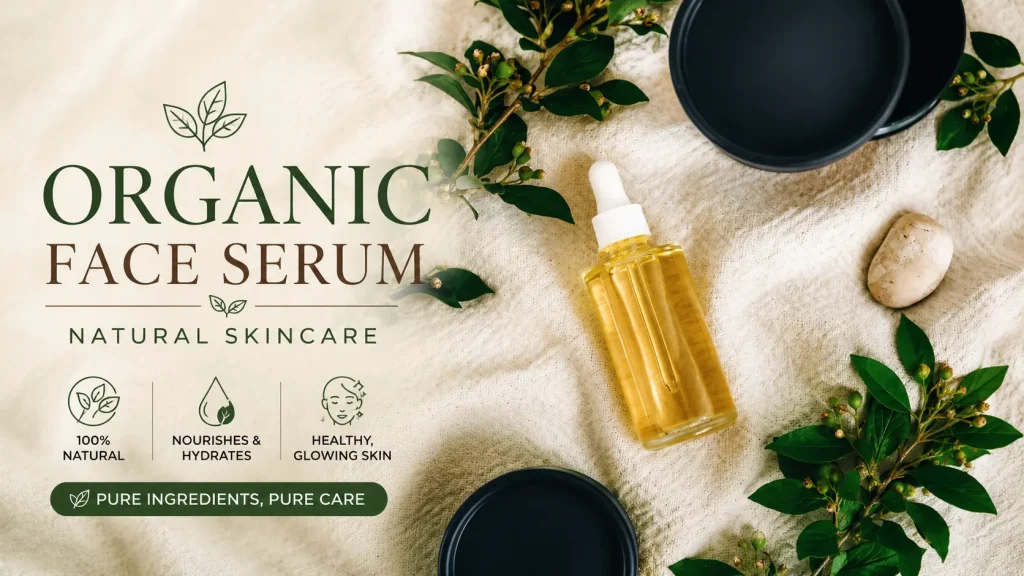 Organic face serum bottle surrounded by green botanical leaves on a neutral fabric background, representing natural skincare and clean beauty products.
