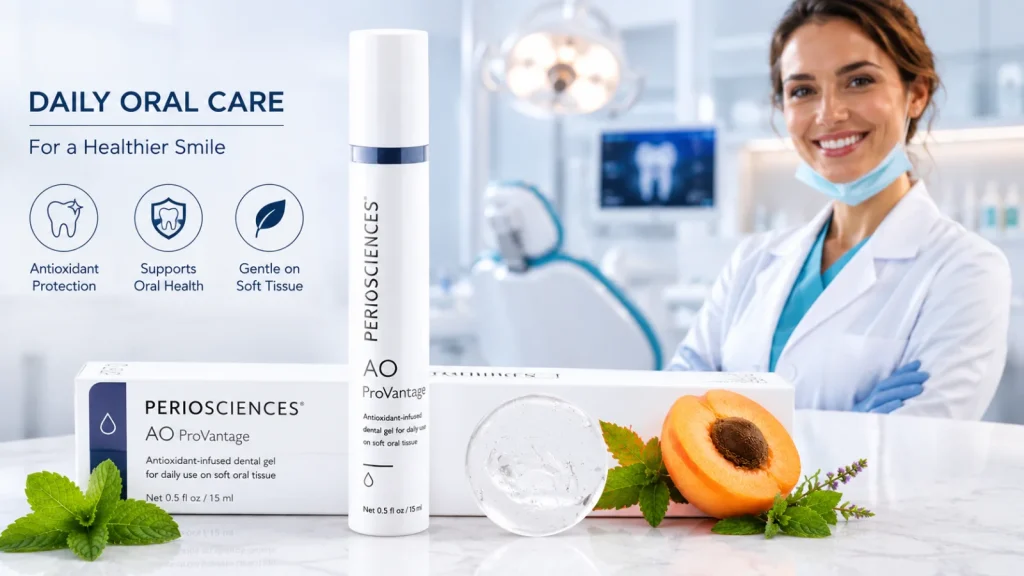 PerioSciences AO ProVantage dental gel with dentist in a modern dental clinic