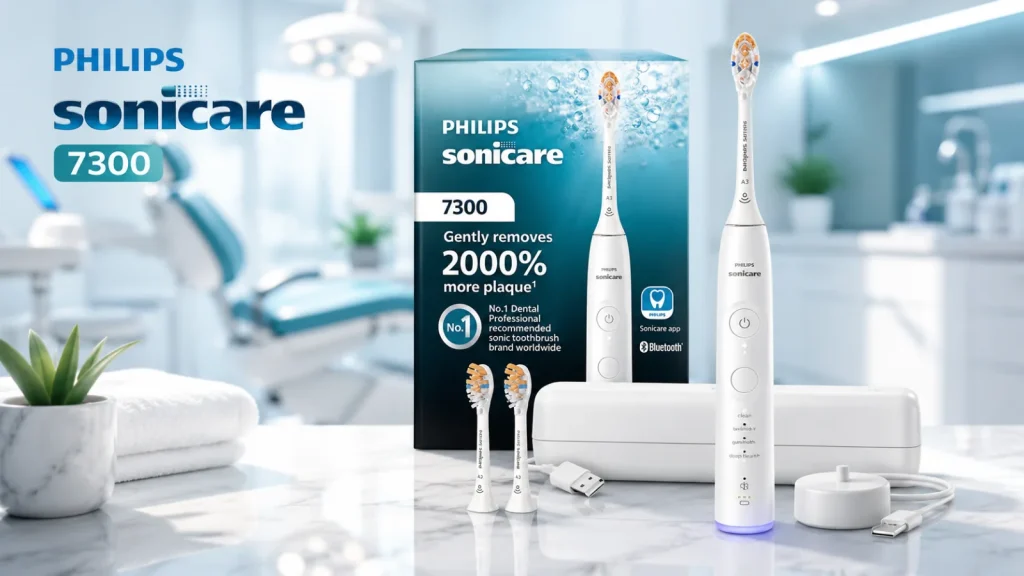Philips Sonicare 7300 electric toothbrush with charging case and accessories in a dental clinic background