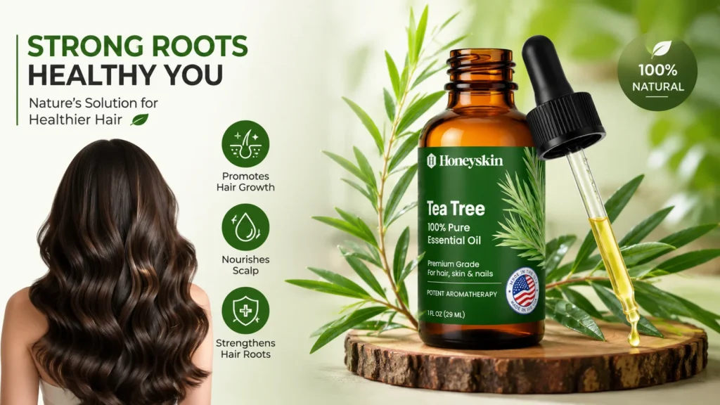 Premium Tea Tree Oil bottle with natural botanical ingredients for scalp care, hair nourishment, and healthy hair growth.