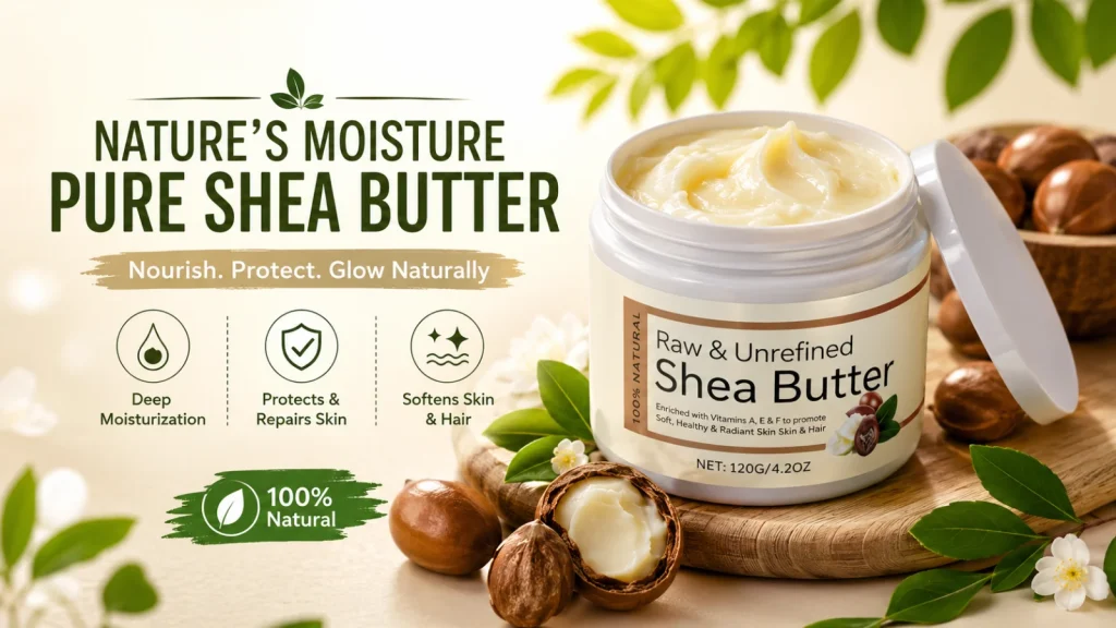 Pure shea butter jar for natural hair and skin moisturizing care