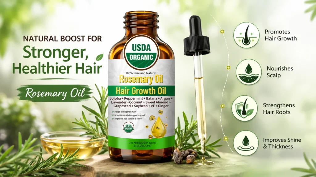 Pure rosemary essential oil bottle for hair growth and scalp care treatment