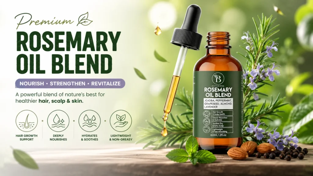 Infographic showing benefits of rosemary hair oil for hair growth, scalp health, and stronger roots