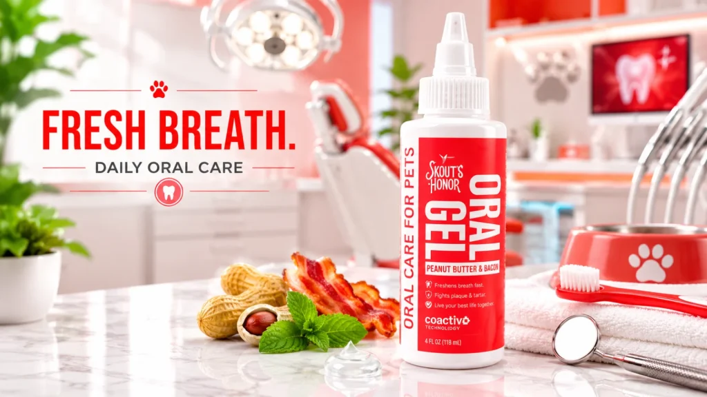 Skout’s Honor oral gel bottle for pets displayed in a modern dental clinic setting