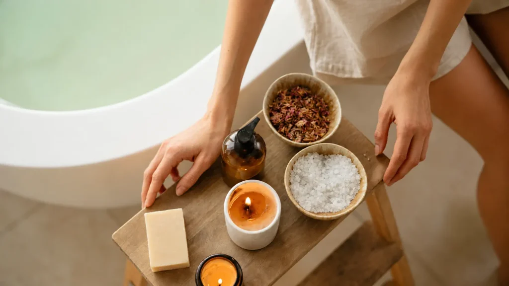 Relaxing home spa setup with bath salts, candles, soap, and skincare essentials beside a bathtub for a natural self-care routine