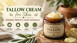 Grass-fed tallow cream in a glass jar with natural ingredients, highlighting deep hydration and healthy glowing skin.
