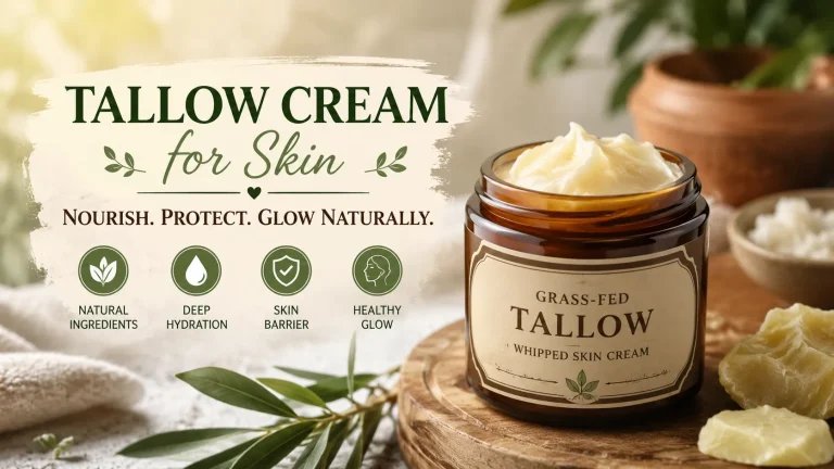 Grass-fed tallow cream in a glass jar with natural ingredients, highlighting deep hydration and healthy glowing skin.