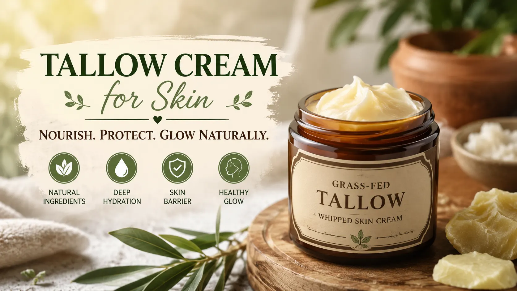 Grass-fed tallow cream in a glass jar with natural ingredients, highlighting deep hydration and healthy glowing skin.