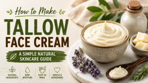 Homemade tallow face cream in a ceramic bowl with natural skincare ingredients including lavender, herbs, and rendered tallow on a rustic background.
