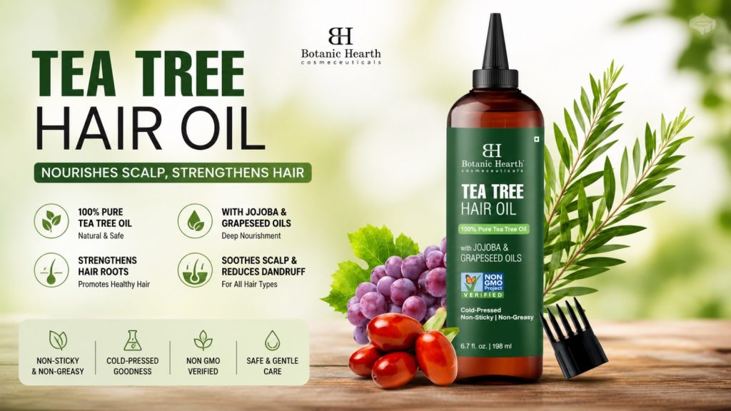 `Tea tree hair oil for scalp care, dandruff control, and healthier natural hair growth`
