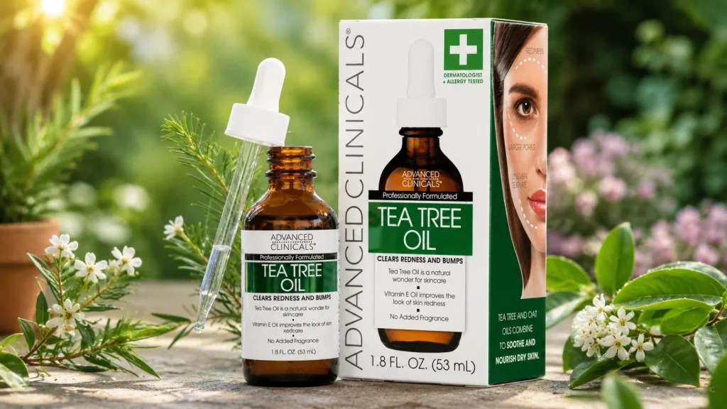 Tea tree oil for acne prone skin and blemish care product bottle