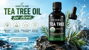 Tea tree oil for acne with organic essential oil bottle and dropper for clearer skin