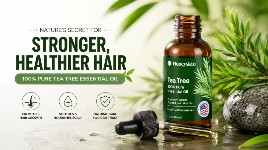 Premium Tea Tree Oil for healthy hair growth, stronger roots, and nourished scalp with natural botanical ingredients.