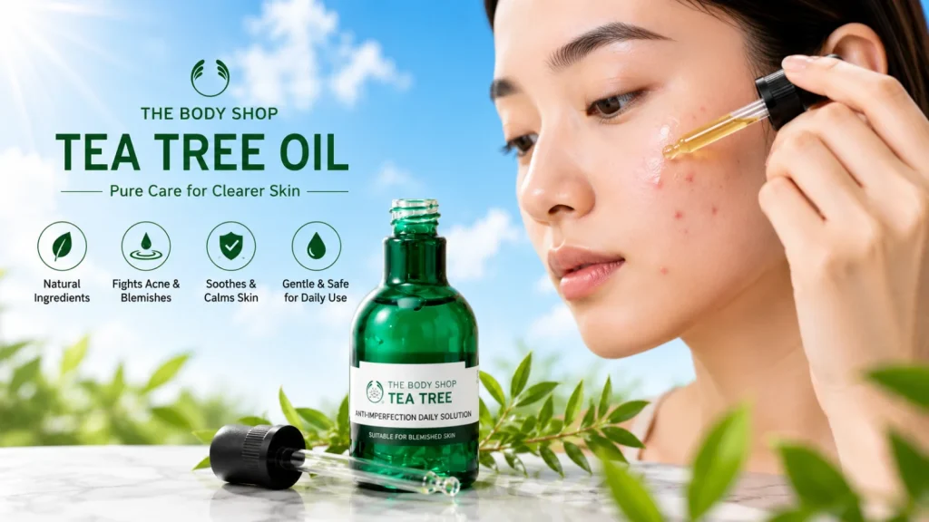 The Body Shop tea tree oil applied on acne prone skin for clearer skin