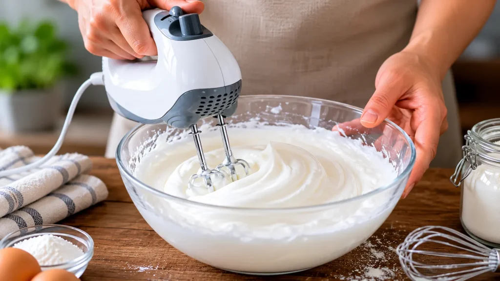 Person using an electric hand mixer to whip homemade face cream in a glass bowl