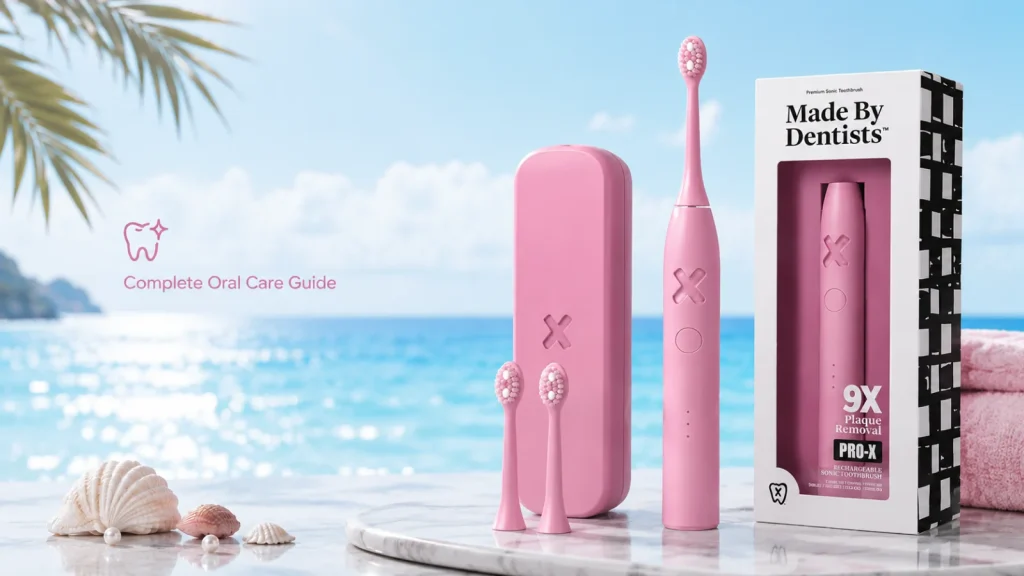 Pink electric toothbrush with ocean background showing better brushing habits and oral care routine