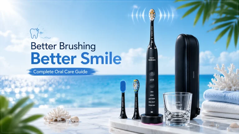 Electric toothbrush with ocean background showing better brushing habits and daily oral care routine