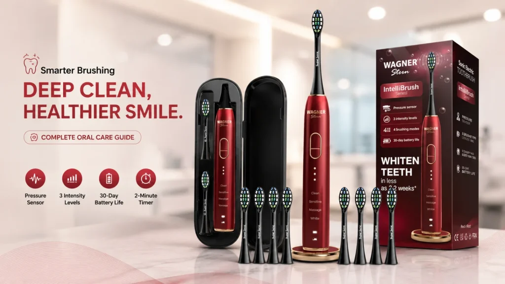 Electric toothbrush with dental clinic background showing daily brushing routine and oral care guide
