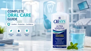 Sensitive mouthwash bottle with dental clinic background for comfortable oral care routine