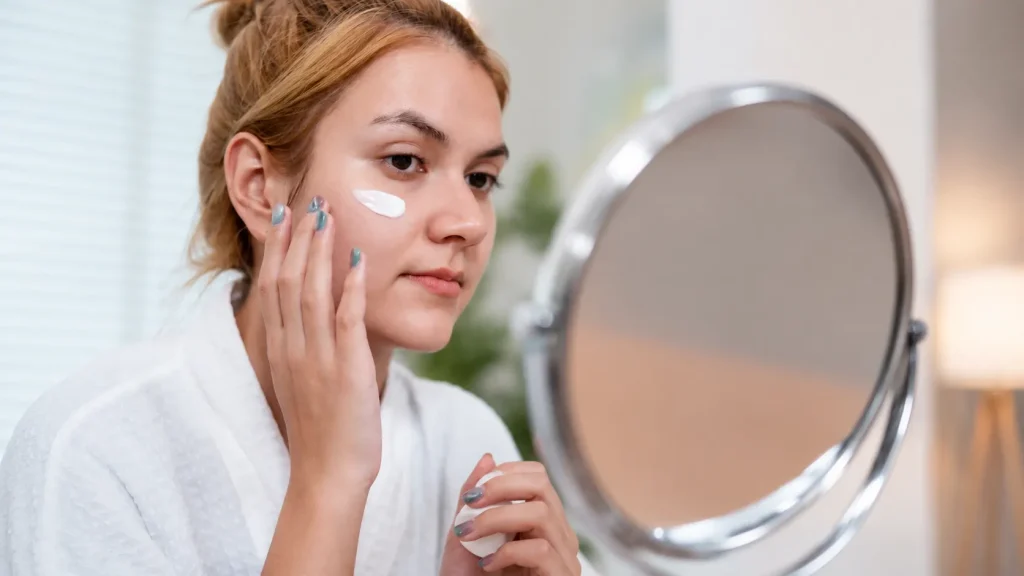 Young woman applying face cream while looking in a mirror during her daily skincare routine